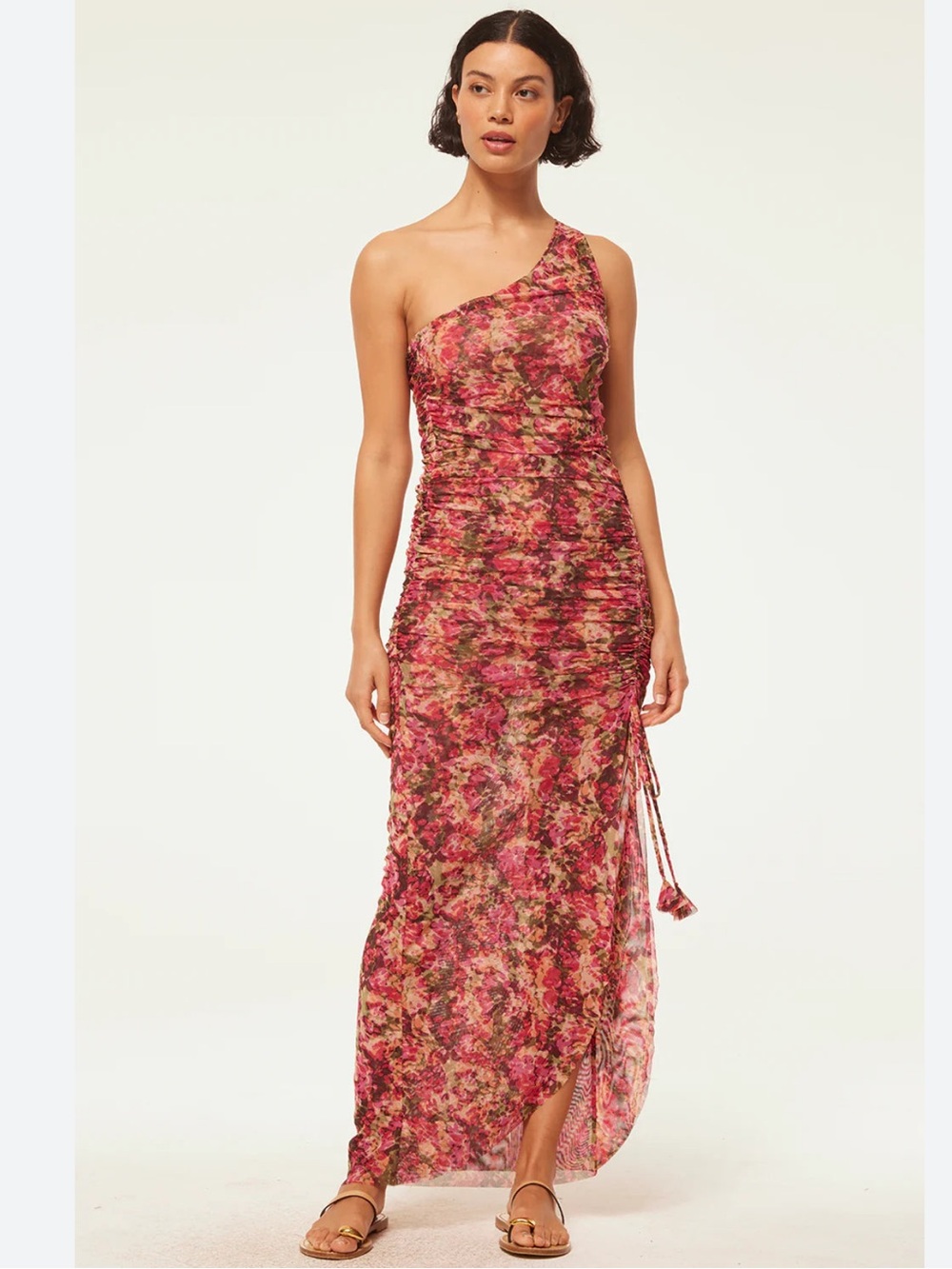 MISA Los Angeles Romantic One Shoulder Ruched Maxi Dress Floral Pink XXS - Picture 12 of 13